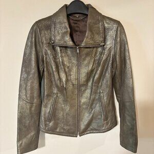 Elie Tahari Women's Leather Moto Jacket Bronze Metallic